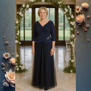 Alex Evenings Crinkle Taffeta Mock Dress Gown Navy Midnight NWOT Size 10